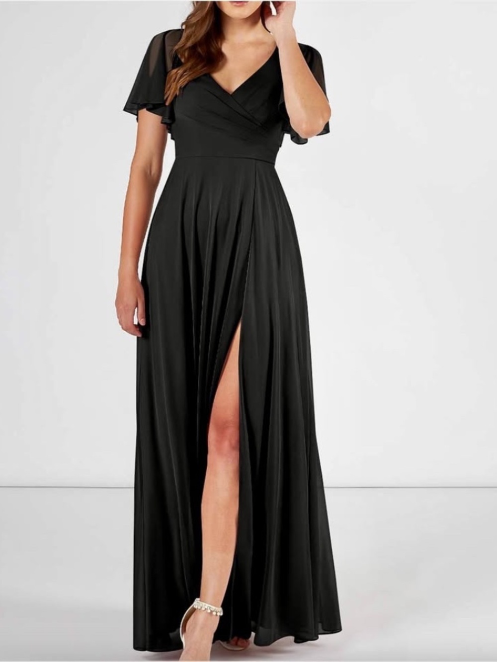 Azazie Black Long Formal Bridesmaid Dress with Slit, Open Back and Short Sleeve